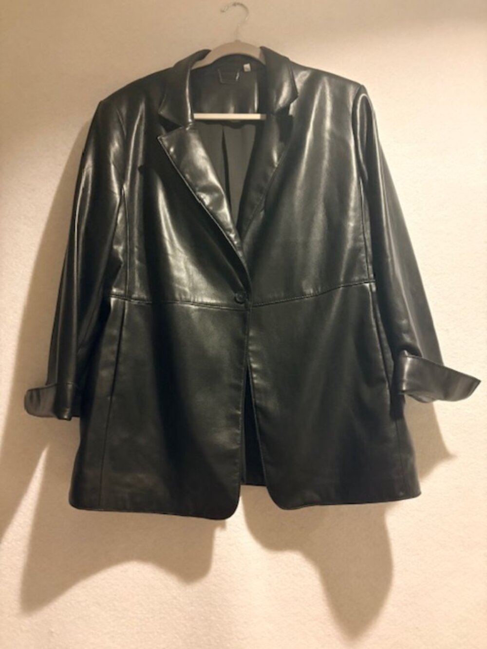Chico's Womens Blazer Jacket Black Faux Leather Sz 3 Single Button Close Sz XL